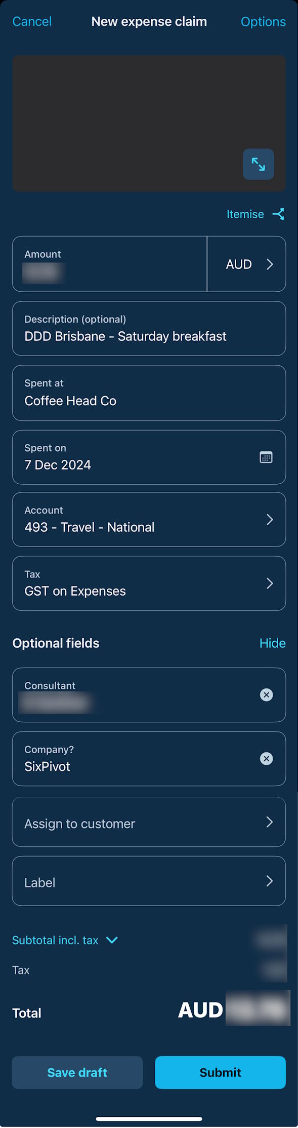 Screenshot of Xero Me app showing expense claim with fields filled in